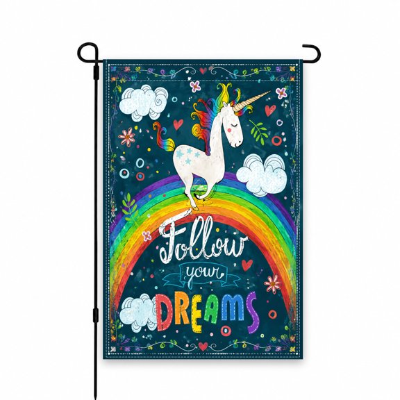 Follow Your Dreams Unicorn Garden Flag 12x18 Inch Colorful Rainbow Outdoor Decor for Yard, Patio, Lawn, or Porch Display Inspirational Design