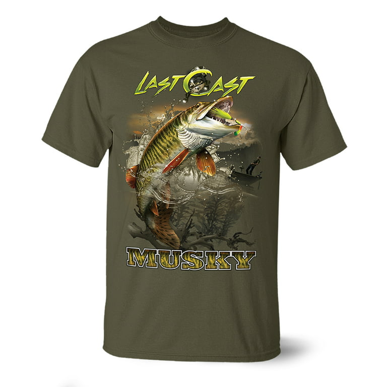 Follow the Action Musky Last Cast One-Sided 100% Cotton Short Sleeve  Fishing T-Shirt (Large) Military Green