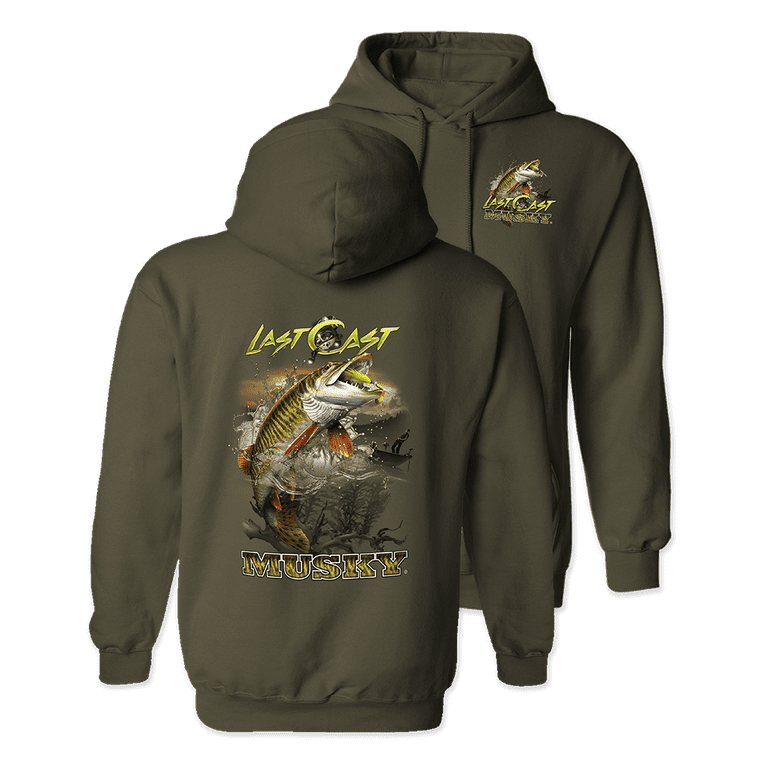 Follow the Action Musky Last Cast Two-Sided Hooded Fishing Cotton Blend  Sweatshirt (XXX-Large) Military Green
