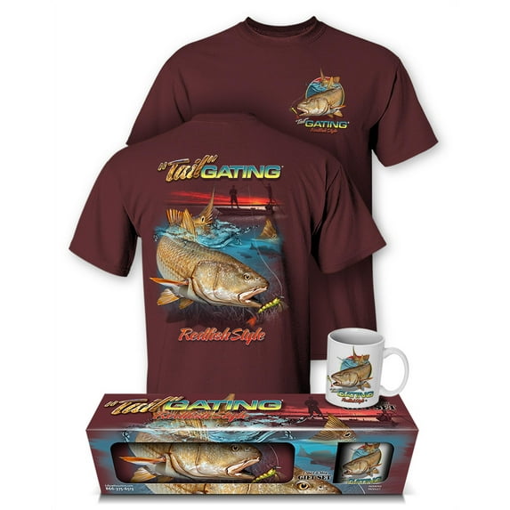 Follow the Action Redfish "Tail Gating" Two-Sided 100% Cotton Short Sleeve Fishing T-Shirt and Mug Premium Gift Set (XX-Large) Maroon