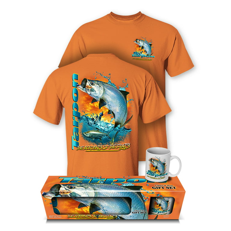 Follow the Action Tarpon The Acrobats of The Flats Two-Sided 100% Cotton Short  Sleeve Fishing T-Shirt and Mug Premium Gift Set (Medium) Orange 