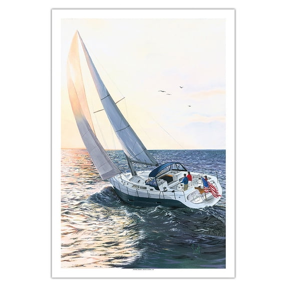 Follow the Sun - Yacht Sailing into Sunset - From an Original Color Painting by Scott Westmoreland - Fine Art Matte Paper Print (Unframed) 30x44in