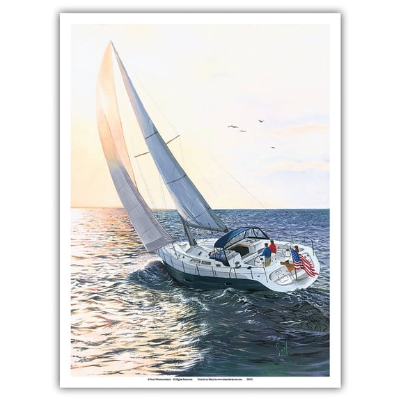 Follow the Sun - Yacht Sailing into Sunset - From an Original Color Painting by Scott Westmoreland - Master Art Print (Unframed) 9in x 12in