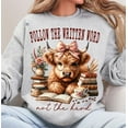 thumbnail image 1 of Follow the Written Word Sweatshirt, Funny Bookish Highland Cow Shirt, Coffee and Reading Religious Graphic SWEATSweatshirtfor Faithful Readers, 1 of 5