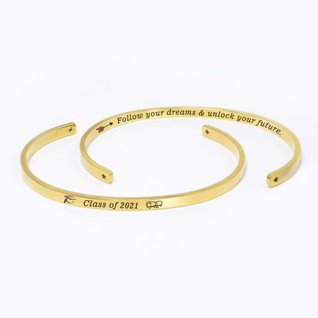 "Follow your dreams…" Gold Stainless Steel Graduation Theme Hidden Message Gift for Her Cuff Bracelet with Gift Set