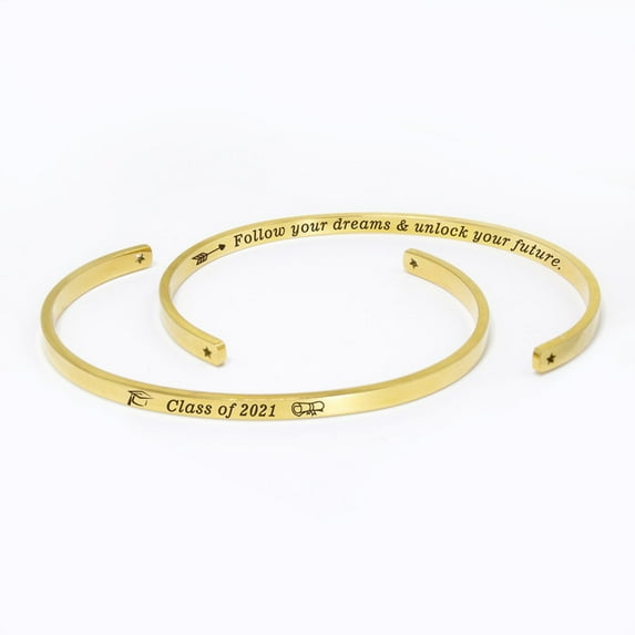 "Follow your dreams…" Gold Stainless Steel Graduation Theme Hidden Message Gift for Her Cuff Bracelet with Gift Set