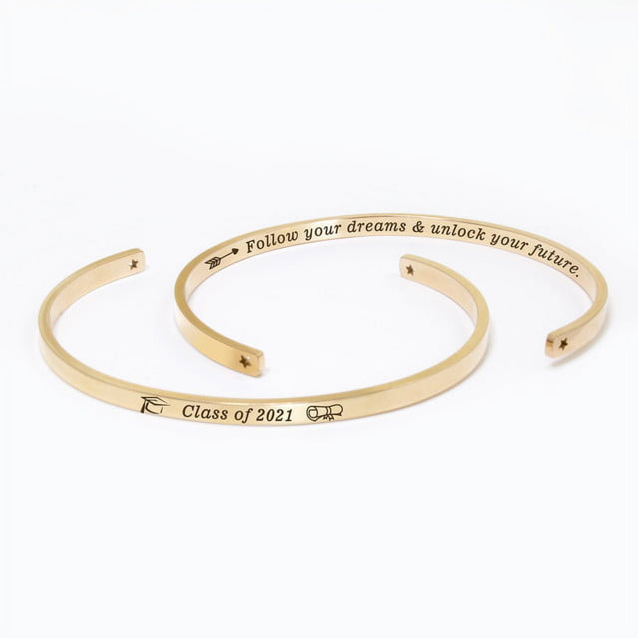 "Follow your dreams…" Rose Gold Stainless Steel Graduation Theme Hidden Message Gift for Her Cuff Bracelet with Gift Set