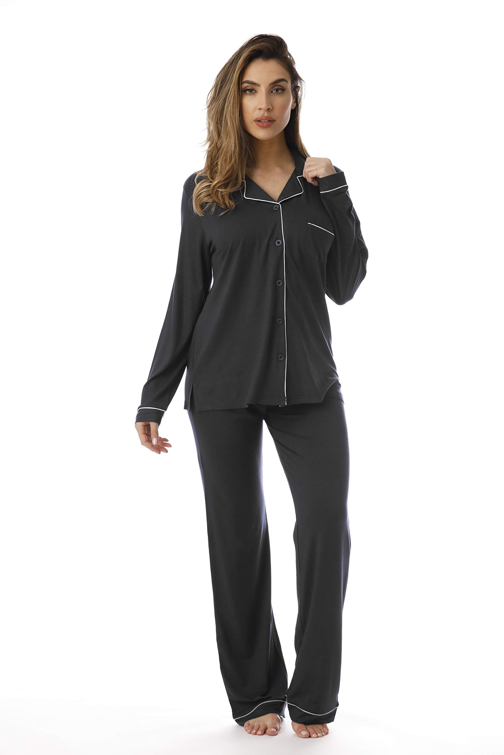 FollowMe Button Down Pajama Pant Set with Notch Collar Black