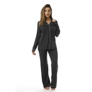 #FollowMe Button Down Pajama Pant Set with Notch Collar (Black / Cream Rayon Spandex, Small)