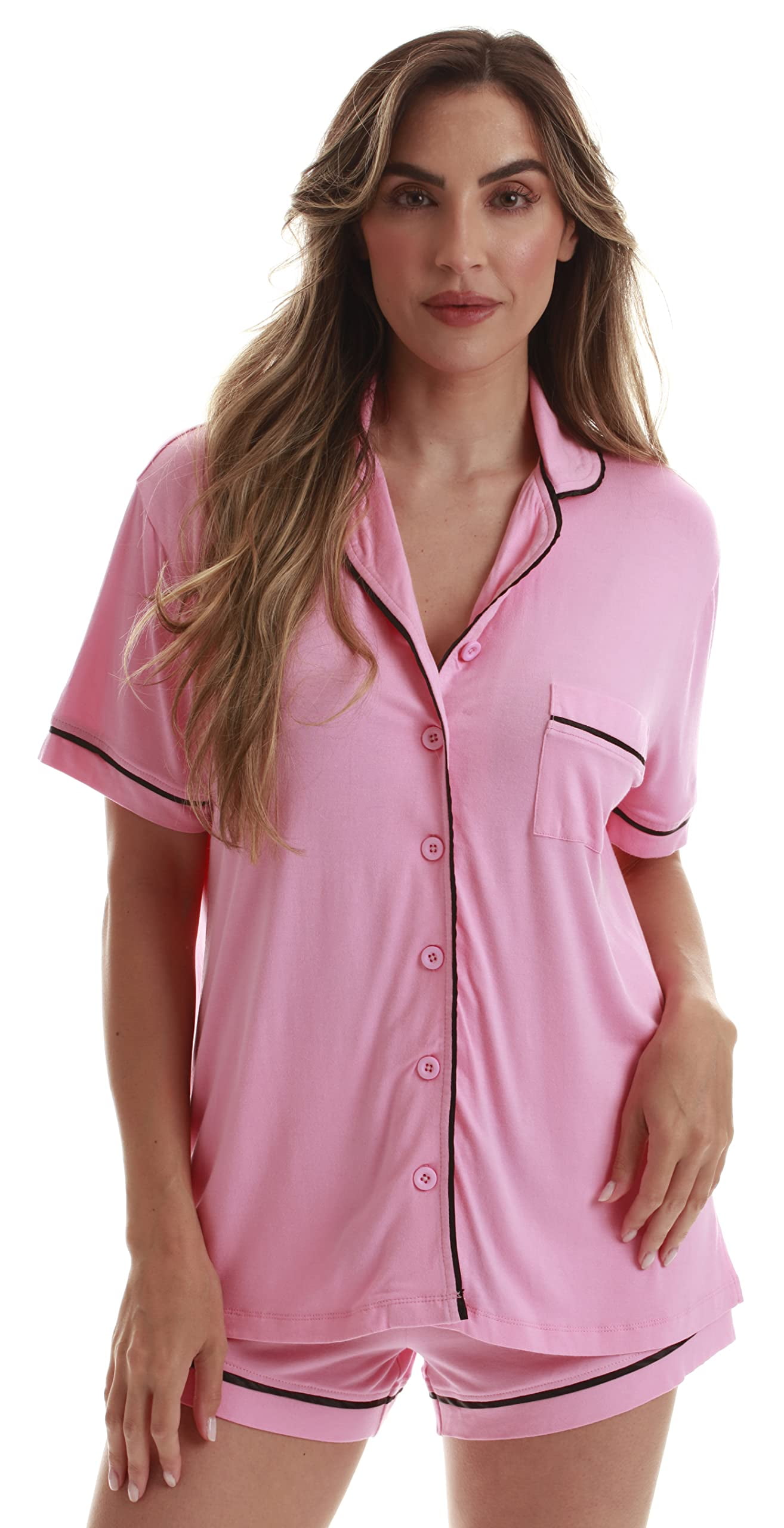 FollowMe Button Down Pajama Pant Set with Notch Collar (Pink, Large