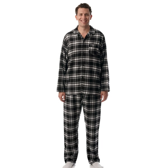 #FollowMe Mens Plaid Button-Front Flannel Pajama Set  Classic & Comfortable Sleepwear (Black - Plaid, Small)