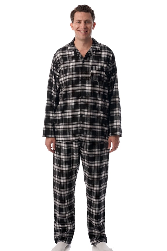 #FollowMe Mens Plaid Button-Front Flannel Pajama Set Classic & Comfortable Sleepwear (Black - Plaid, Small)
