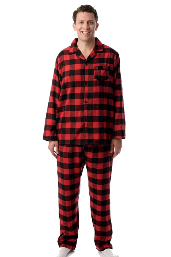 #FollowMe Mens Plaid Button-Front Flannel Pajama Set  Classic & Comfortable Sleepwear (Black / Red - Buffalo Plaid, XX-Large)