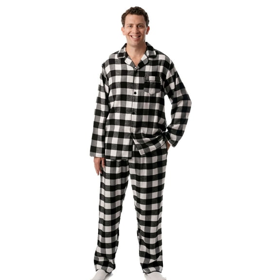 #FollowMe Mens Plaid Button-Front Flannel Pajama Set  Classic & Comfortable Sleepwear (Black / White - Buffalo Plaid, Medium)