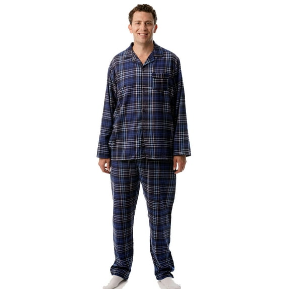 #FollowMe Mens Plaid Button-Front Flannel Pajama Set Classic & Comfortable Sleepwear (Blue - Plaid, X-Large)