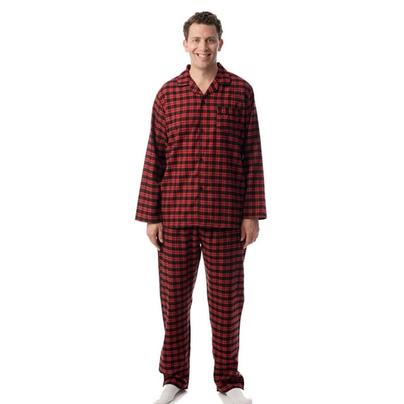 #FollowMe Mens Plaid Button-Front Flannel Pajama Set Classic & Comfortable Sleepwear (Red Black - Plaid, X-Large)