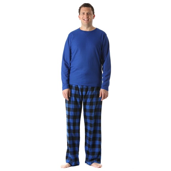 #FollowMe Mens Polar Fleece Pajama Pants Set Ultra-Warm Sleepwear & PJs (Blue / Blue Buffalo Plaid, Small)