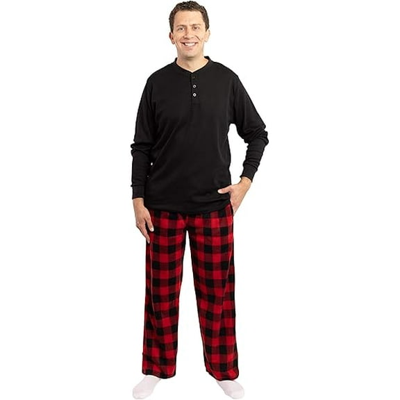 #FollowMe Mens Thermal Henley Pajama Set with Polar Fleece Pants Warm, Comfy Sleepwear (Black - Red Black Buffalo Plaid Pant, Medium)
