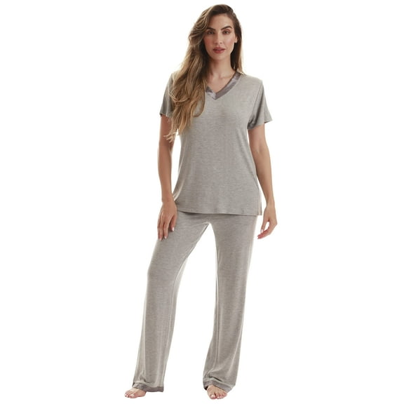 #FollowMe Pajama Pants Set with Satin Trim  Stylish, Cozy Sleepwear (Grey With Satin Trim, Small)