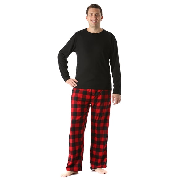#FollowMe Mens Polar Fleece Pajama Pants Set Ultra-Warm Sleepwear & PJs (Black / Red Buffalo Plaid, Medium)