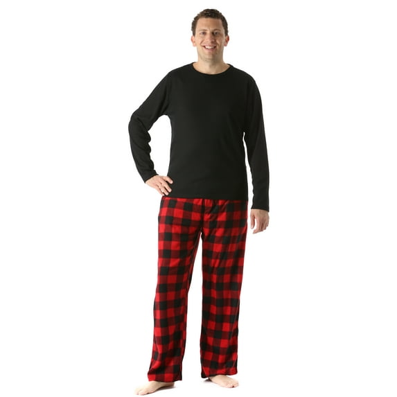 #FollowMe Polar Fleece Pajama Pants Set for Men / Sleepwear / PJs (Black Top / Red Buffalo Plaid Pant, Small)