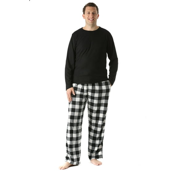 #FollowMe Polar Fleece Pajama Pants Set for Men / Sleepwear / PJs (Black Top / White Buffalo Plaid Pant, Small)
