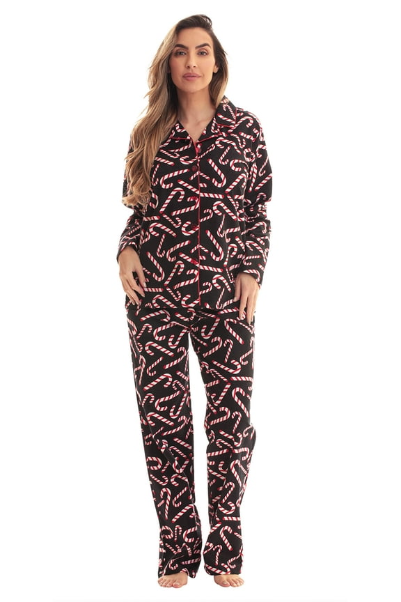 #FollowMe Printed Flannel Button-Front PJ Pant Set  Classic, Cozy Sleepwear (Blac K - Candy Cane, Small)