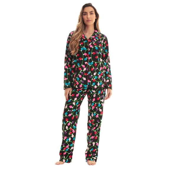 #FollowMe Printed Flannel Button-Front PJ Pant Set Classic, Cozy Sleepwear (Black - Xmas Lights, Medium)