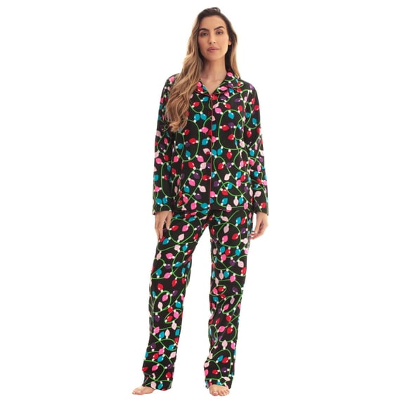 #FollowMe Printed Flannel Button-Front PJ Pant Set Classic, Cozy Sleepwear (Black - Xmas Lights, Medium)