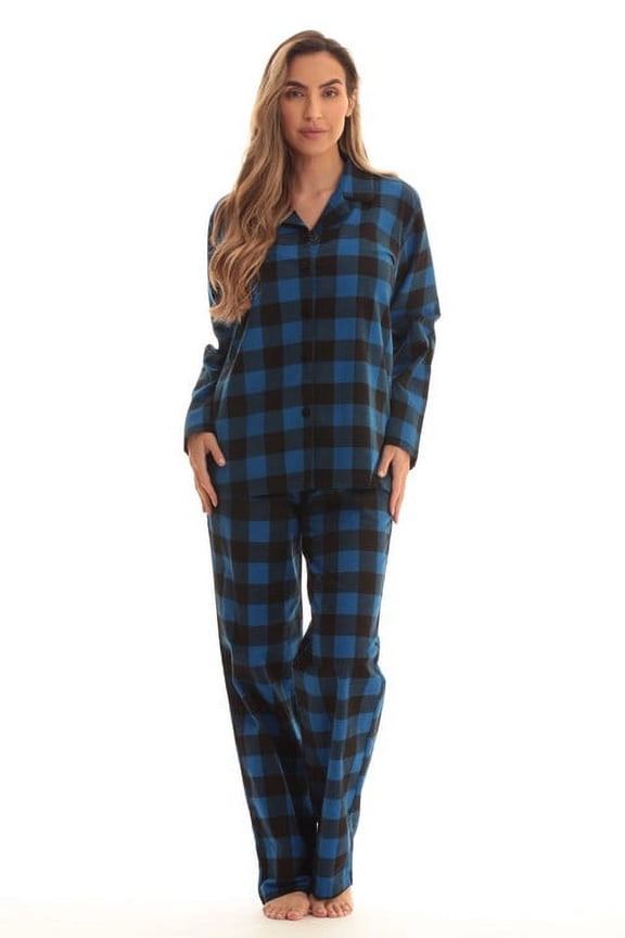 #FollowMe Printed Flannel Button-Front PJ Pant Set  Classic, Cozy Sleepwear (Blue - Buffalo Plaid, X-large)