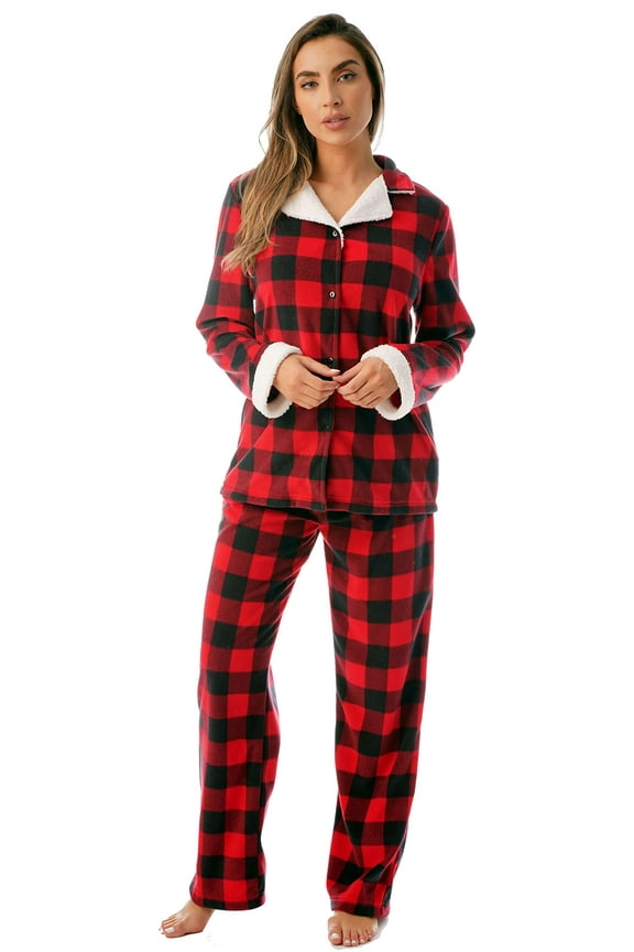 #FollowMe Printed Flannel Button-Front PJ Pant Set  Classic, Cozy Sleepwear (Buffalo Plaid, Large)