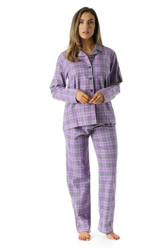 #FollowMe Printed Flannel Button-Front PJ Pant Set  Classic, Cozy Sleepwear (Grape - Plaid, Small)