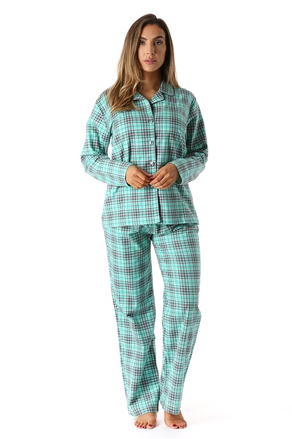 #FollowMe Printed Flannel Button-Front PJ Pant Set  Classic, Cozy Sleepwear (Jade - Plaid, Small)