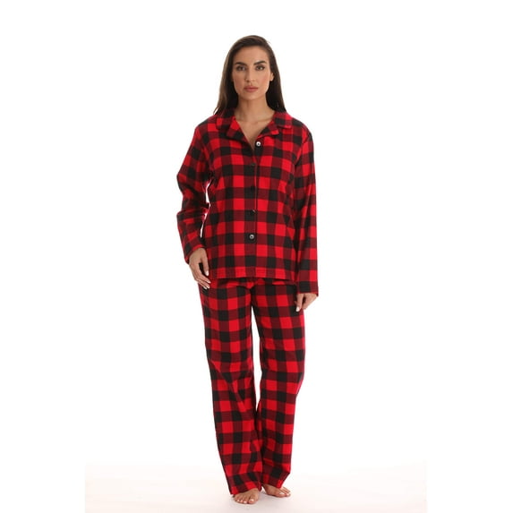 #FollowMe Printed Flannel Button-Front PJ Pant Set Classic, Cozy Sleepwear (Red - Buffalo Plaid, Medium)