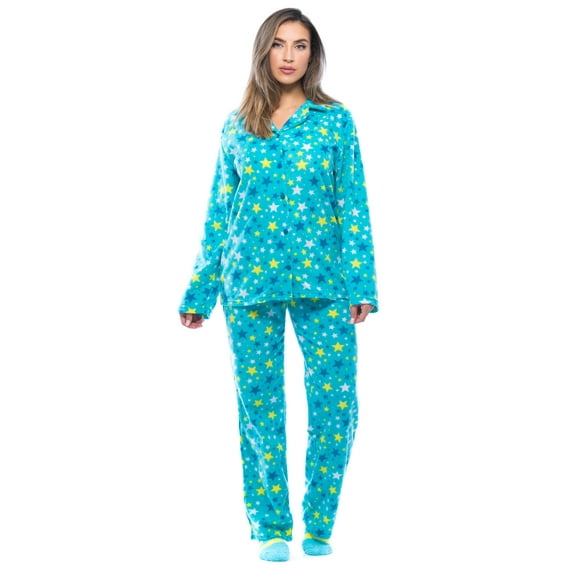 #FollowMe Printed Microfleece Button-Front PJ Pant Set with Socks Soft & Stylish Sleepwear (Blue - Starry, 3X)