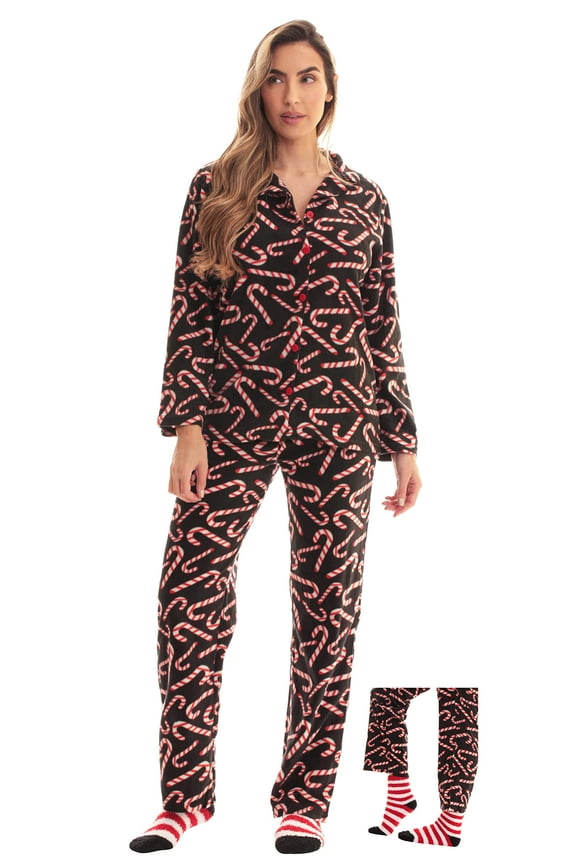 #FollowMe Printed Microfleece Button-Front PJ Pant Set with Socks  Soft & Stylish Sleepwear (Black - Candy Cane, Medium)