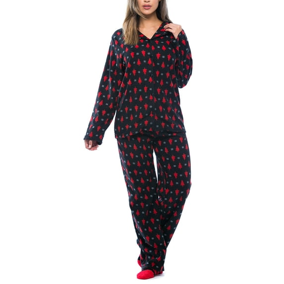 #FollowMe Printed Microfleece Button-Front PJ Pant Set with Socks Soft & Stylish Sleepwear (Black - Holiday Tree & Snowflake, 1X)
