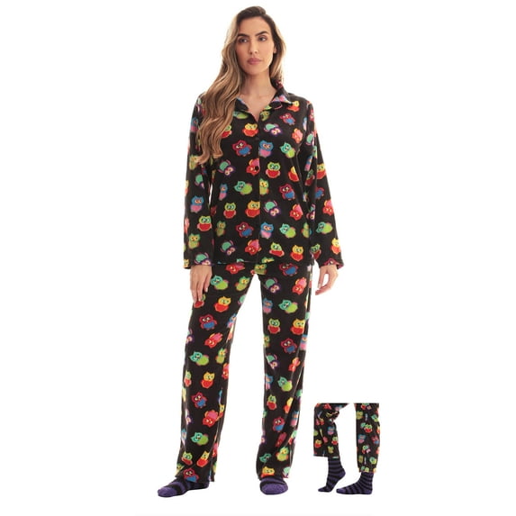 #FollowMe Printed Microfleece Button-Front PJ Pant Set with Socks Soft & Stylish Sleepwear (Black - Owl, Large)