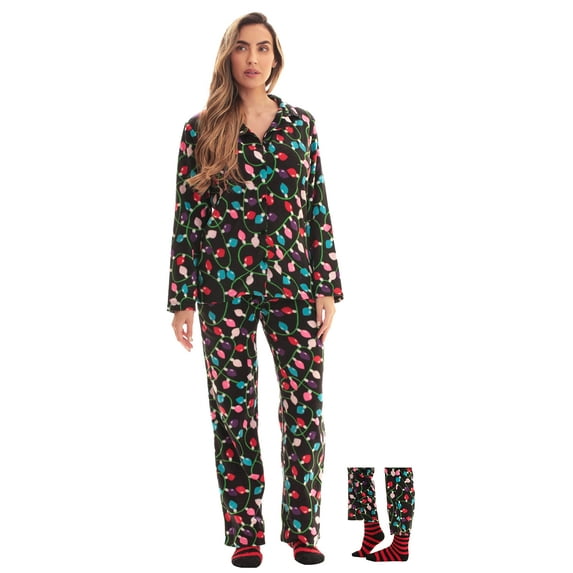 #FollowMe Printed Microfleece Button-Front PJ Pant Set with Socks Soft & Stylish Sleepwear (Black - Xmas Lights, 1X)