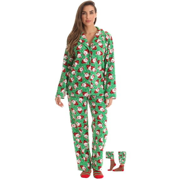 #FollowMe Printed Microfleece Button-Front PJ Pant Set with Socks Soft & Stylish Sleepwear (Green - Santa Tossed, Medium)