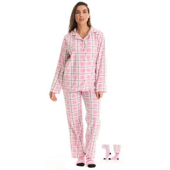 #FollowMe Printed Microfleece Button-Front PJ Pant Set with Socks Soft & Stylish Sleepwear (Pink - Plaid, Large)