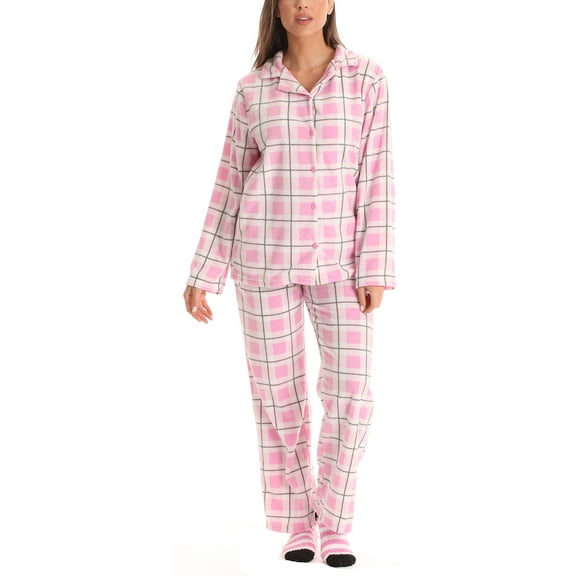 #FollowMe Printed Microfleece Button-Front PJ Pant Set with Socks  Soft & Stylish Sleepwear (Pink - Plaid, X-Large)