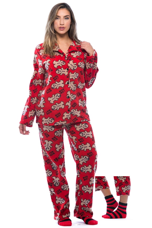 #FollowMe Printed Microfleece Button-Front PJ Pant Set with Socks Soft & Stylish Sleepwear (Red - Bite Me Gingergirl, 3X)
