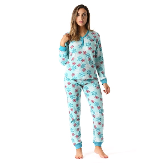 #FollowMe Women's Printed Henley Thermal Underwear Set with Jogger Pant (Aqua - Snowflake, Large)