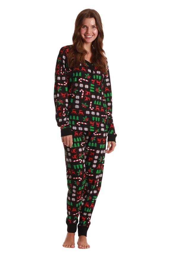 #FollowMe Women's Printed Henley Thermal Underwear Set with Jogger Pant (Black - Holiday Mash Up, Medium)