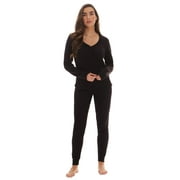 #FollowMe Women's Printed Henley Thermal Underwear Set with Jogger Pant (Black, X-Small)