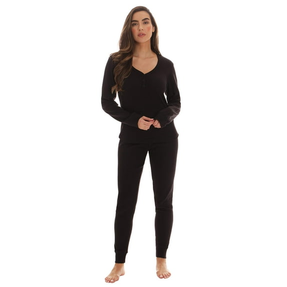 #FollowMe Women's Printed Henley Thermal Underwear Set with Jogger Pant (Black, X-Small)