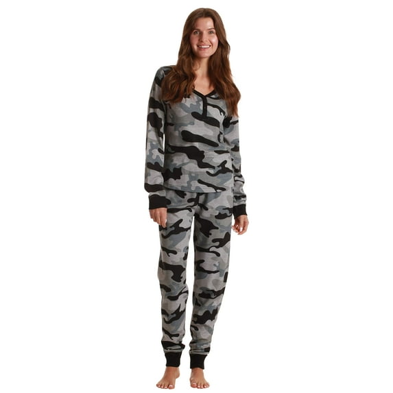 #FollowMe Women's Printed Henley Thermal Underwear Set with Jogger Pant (Camouflage - Black, Small)