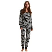 #FollowMe Women's Printed Henley Thermal Underwear Set with Jogger Pant (Camouflage - Black, X-Small)