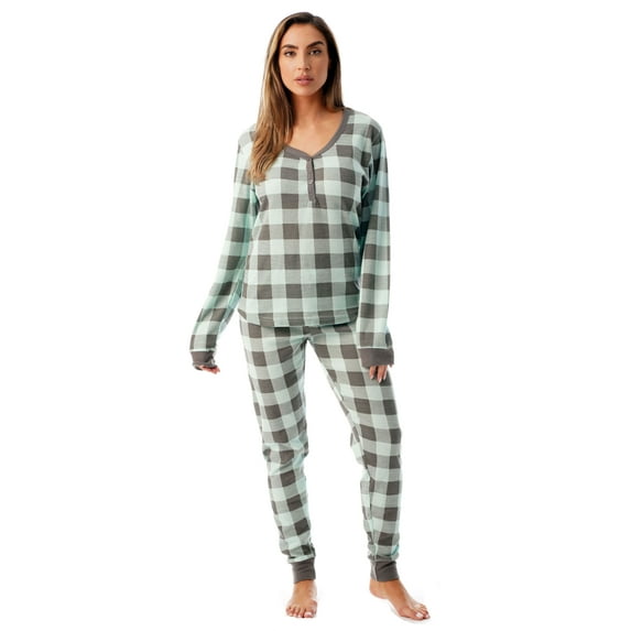#FollowMe Women's Printed Henley Thermal Underwear Set with Jogger Pant (Mint / Charcoal Buffalo Plaid, XX-Large)